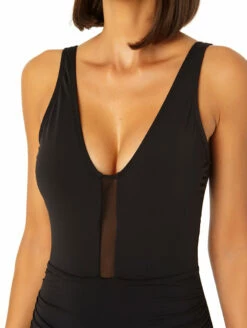 Anne Cole Plunge Mesh One Piece Swimsuit -CA Swimsuit Sales Shop 23MO03501AnneColePlungeNeckOnePieceBlackFrontDetailEDit