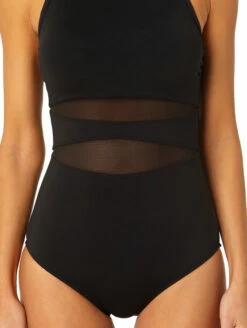 Anne Cole High Neck Mesh One Piece Swimsuit -CA Swimsuit Sales Shop 23MO03601AnneColeHighNeckMeshOnePieceBlackFrontDetailEdit