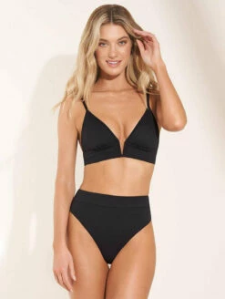 Maaji Parade Longline Triangle Bikini Top -CA Swimsuit Sales Shop 3189STR004ParadeLLTriangleBra3075SCC011SuzyQHighRiseBottomBlackOrchidFront