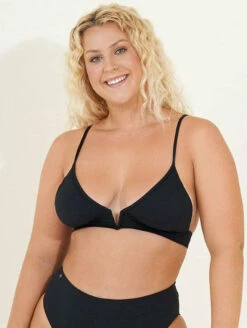 Maaji Parade Longline Triangle Bikini Top -CA Swimsuit Sales Shop 3189STR004ParadeLLTriangleBraBlackOrchidFrontPlus