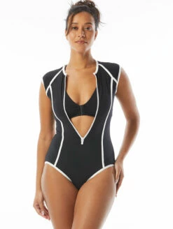 Beach House Zip Front One Piece Swimsuit -CA Swimsuit Sales Shop H22718ZipFrontOncePieceBlackFrontEditUnzipped