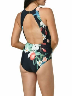 Jantzen Botanical Beauty Farrah High Neck One Piece Swimsuit -CA Swimsuit Sales Shop JZ22035MFarrahHighNeckOnePieceBlackBackEdited
